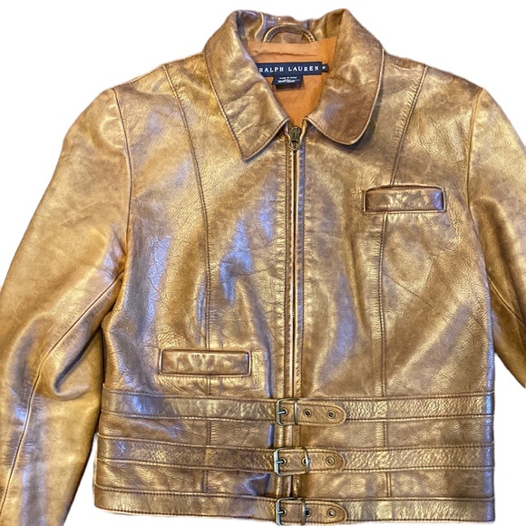 Ralph Lauren Blue Label Aviator Strap Cropped Brown Leather Jacket - Picture 4 of 13